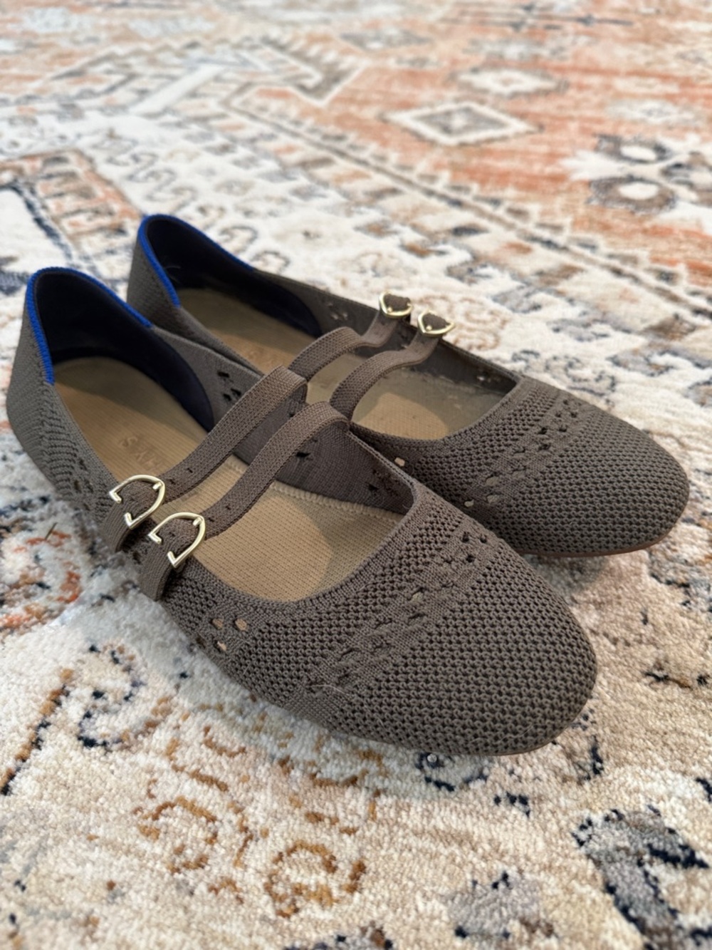 Rothy's Knit Double Buckle Mary Jane Flats in Safari Green Crochet 8.5 9